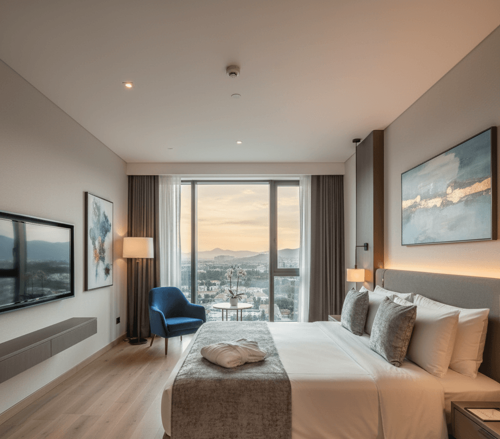 A hotel twin bedroom with mountain view